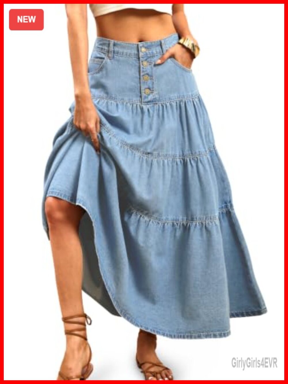 High Waisted Tiered A-Line Denim Maxi Skirt Cotton Blend Button Front